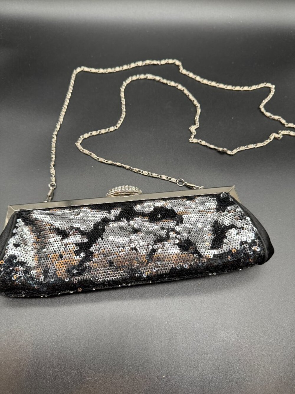 Silver & Black Sequins Clutch Bag Purse Chain Rhinestones Clasp by Le Château